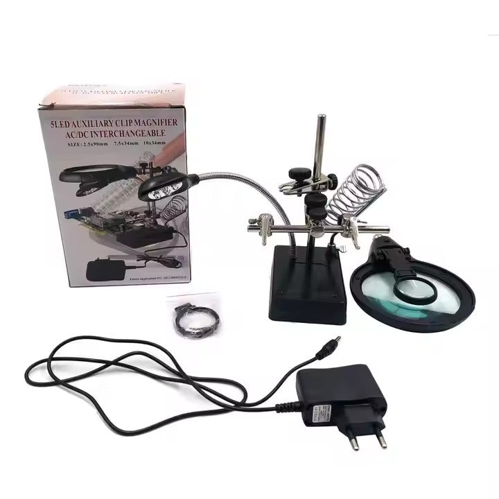 5 LED Light Desktop LED Auxiliary Clip Loupe Magnifier Metal Soldering Iron Stand Electronic Helping Hand Welding Magnifying