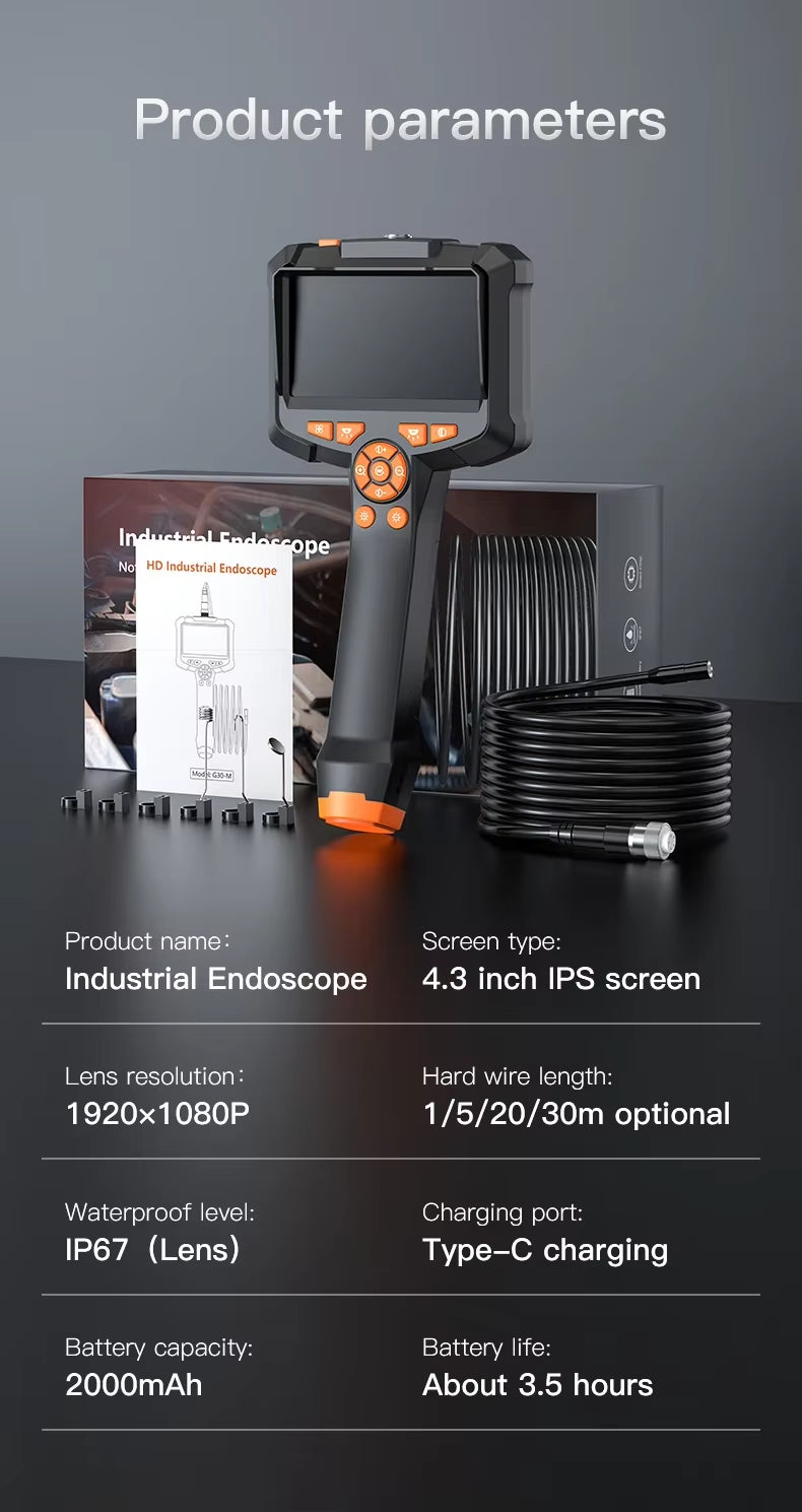 10M 4.3 Inch IPS Screen Industrial Endoscope Camera HD1080P Single Lens Pipe Inspection Borescope for Checking Car Sewer