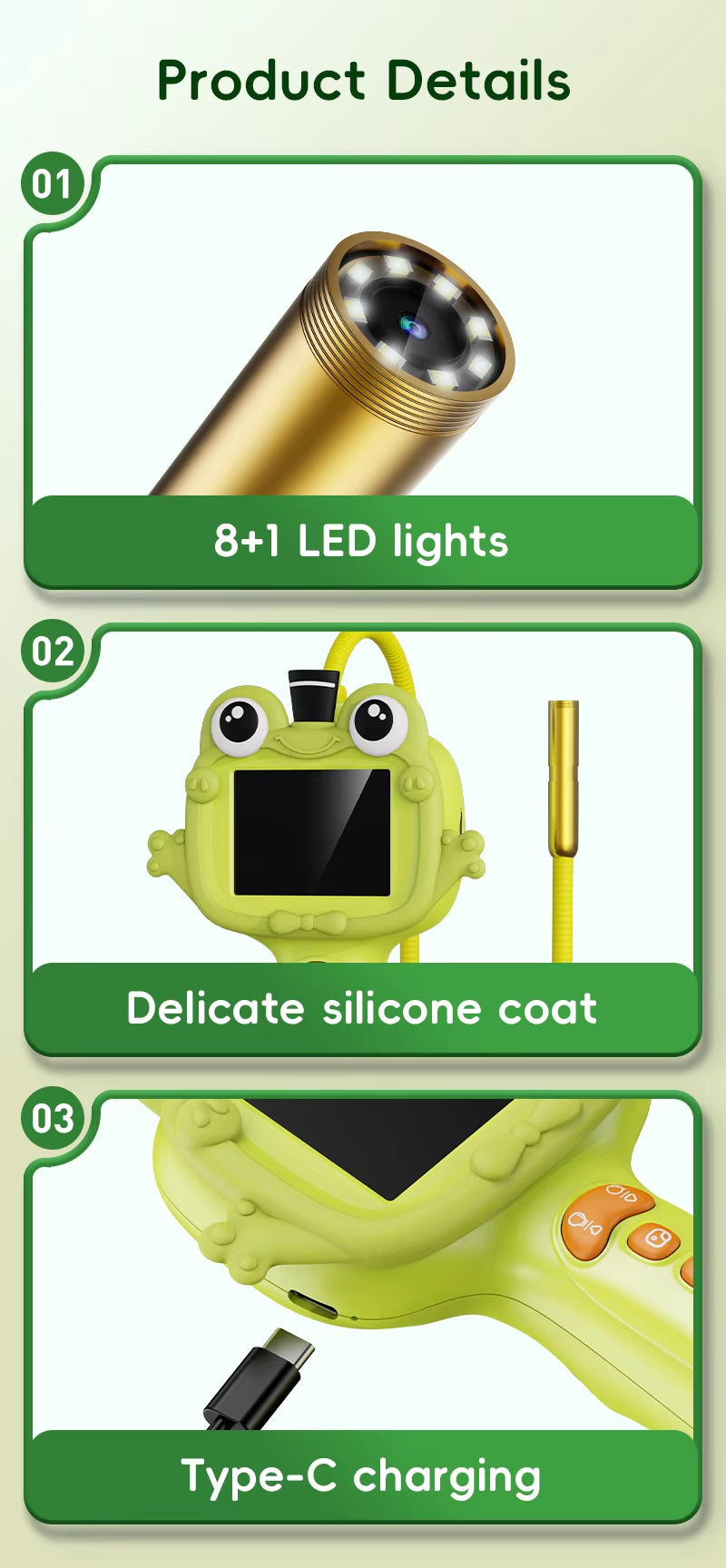 2.4 Inch HD Portable Digital Inspection Camera for Kids Big Eyes Frog Design Cheap Mini Smart Borescope