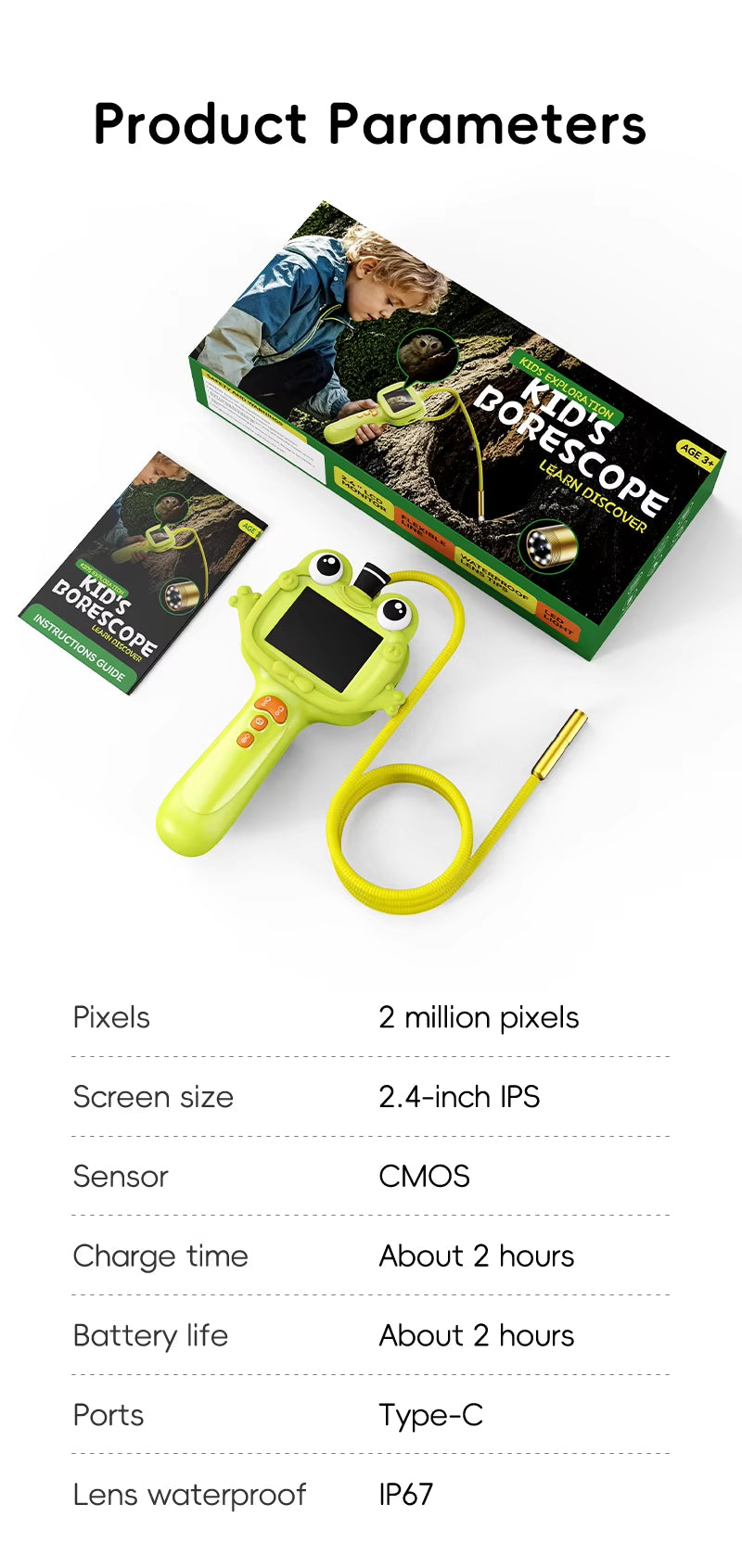 2.4 Inch HD Portable Digital Inspection Camera for Kids Big Eyes Frog Design Cheap Mini Smart Borescope