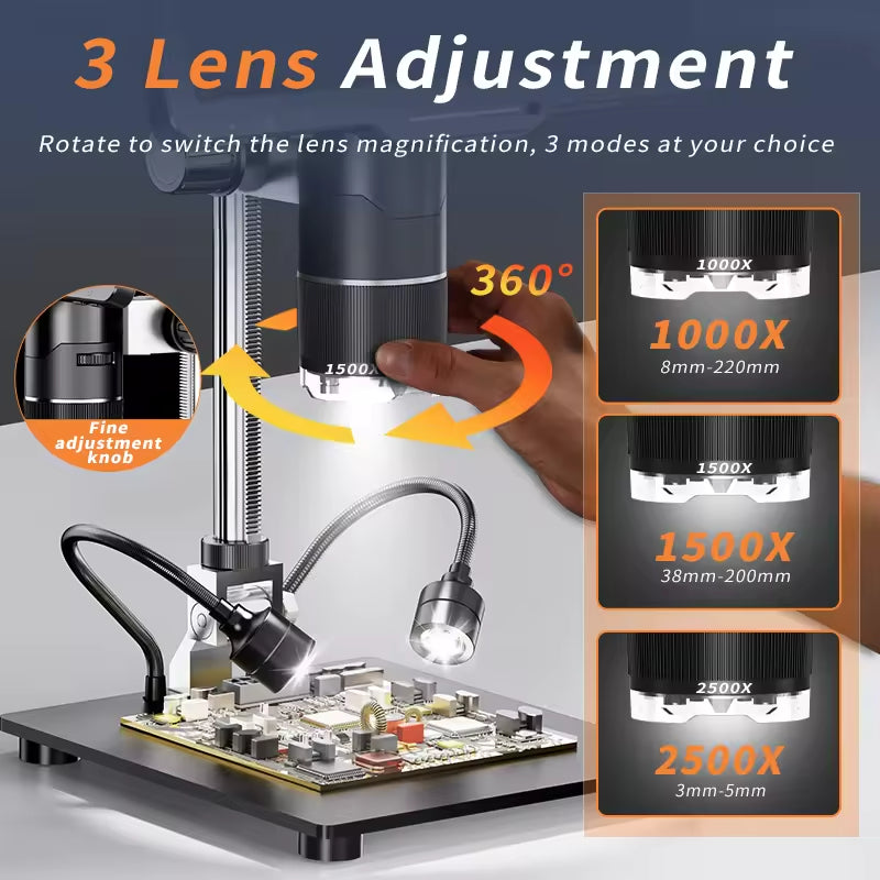 10.1\" 1080P IPS Monitor 24 MP Digital Microscope with 1000X 1500X 2500X Zoom 3 Lens Real Photo for Mobile Repair PCB Soldering